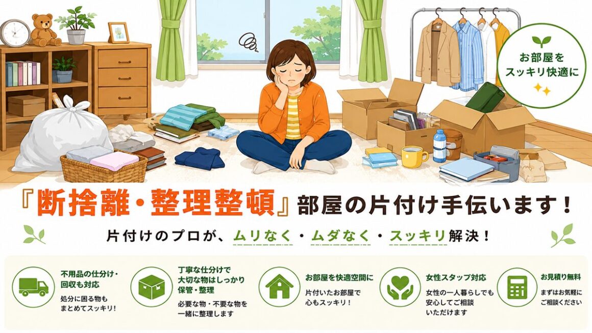 東京都武蔵野市の不用品回収・遺品整理・実家の片付け・空き家整理業者で片付け者の部屋の片付け【断捨離】サポートのイラスト