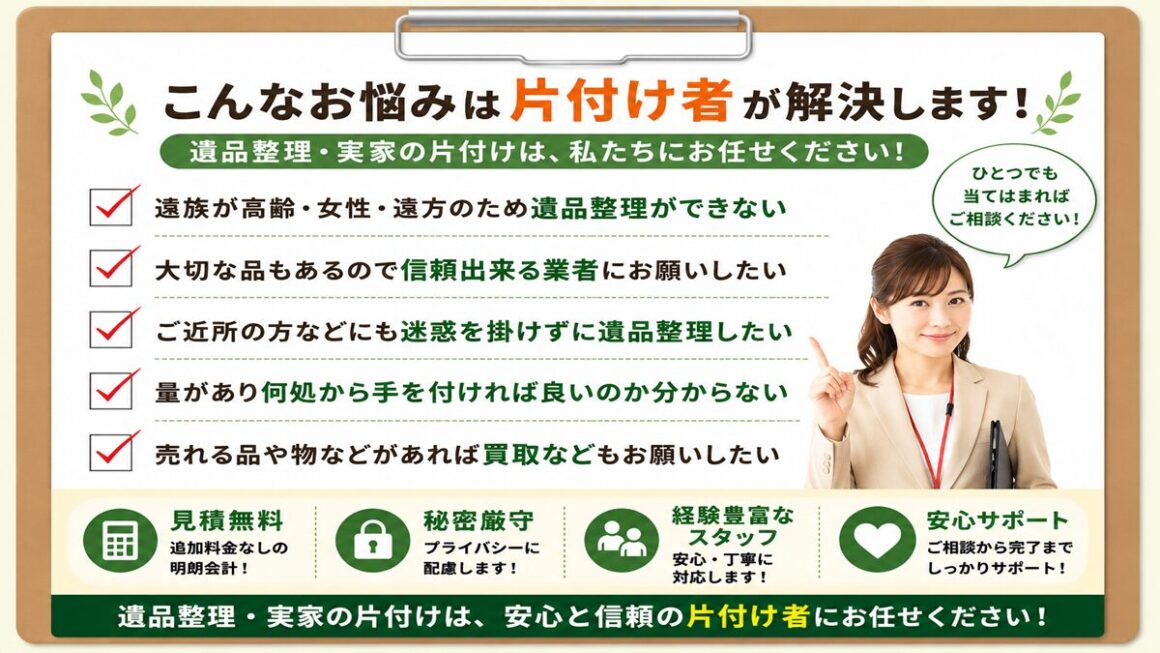 西東京市の遺品整理・実家片付け・空き家整理で多いお困り事の例のイラスト