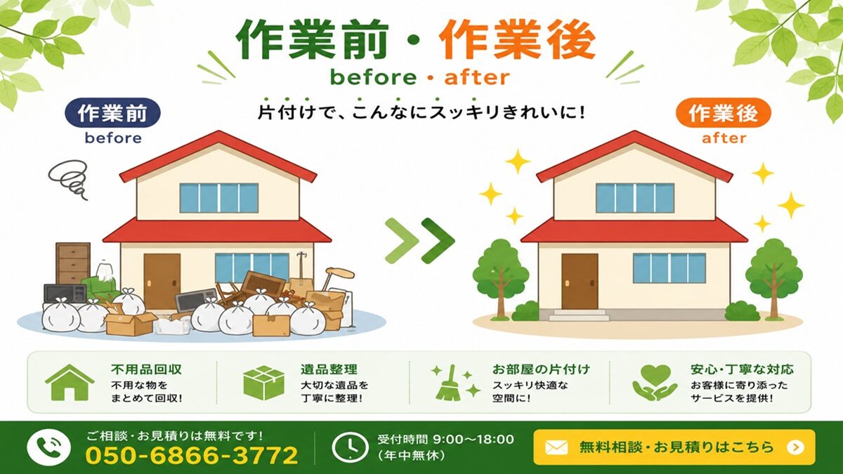 東京都武蔵野市の不用品回収・遺品整理・実家の片付け・空き家整理業者で片付け者の作業前・作業後【ビフォーアフター】のヘッダーバナー