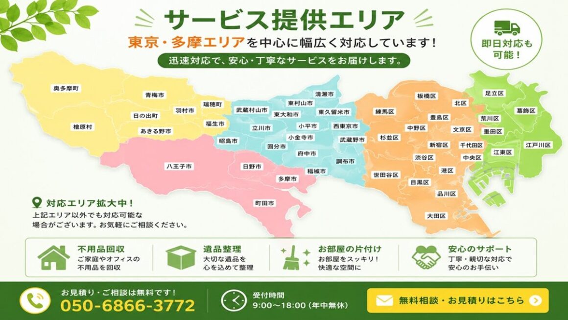 東京都武蔵野市の不用品回収・遺品整理・実家の片付け・空き家整理業者で片付け者のサービス提供地域【三鷹市・杉並区・練馬区・中野区・世田谷区・国立市・小平市・府中市・新宿区・渋谷区・豊島区・国分寺市・小金井市・東村山市・武蔵野市・西東京市・調布市・東久留米市・東大和市など東京都内全域に対応!】のヘッダーバナー