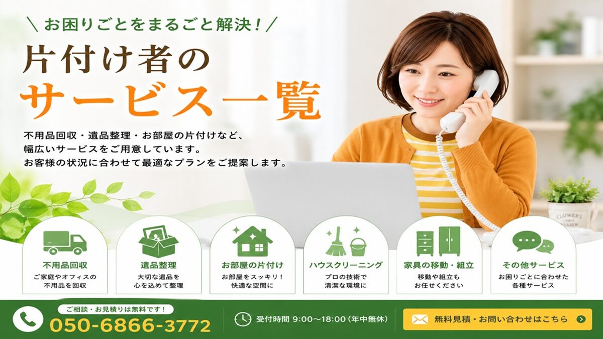 東京都武蔵野市の不用品回収・遺品整理・実家のかたづけ・空き家整理業者で片付け者のサービス一覧のヘッダーバナ