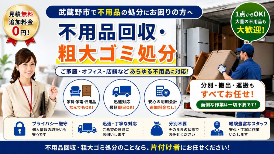 武蔵野市の不用品回収・粗大ゴミ回収【創業２０年】安い処分費の片付け業者のヘッダー