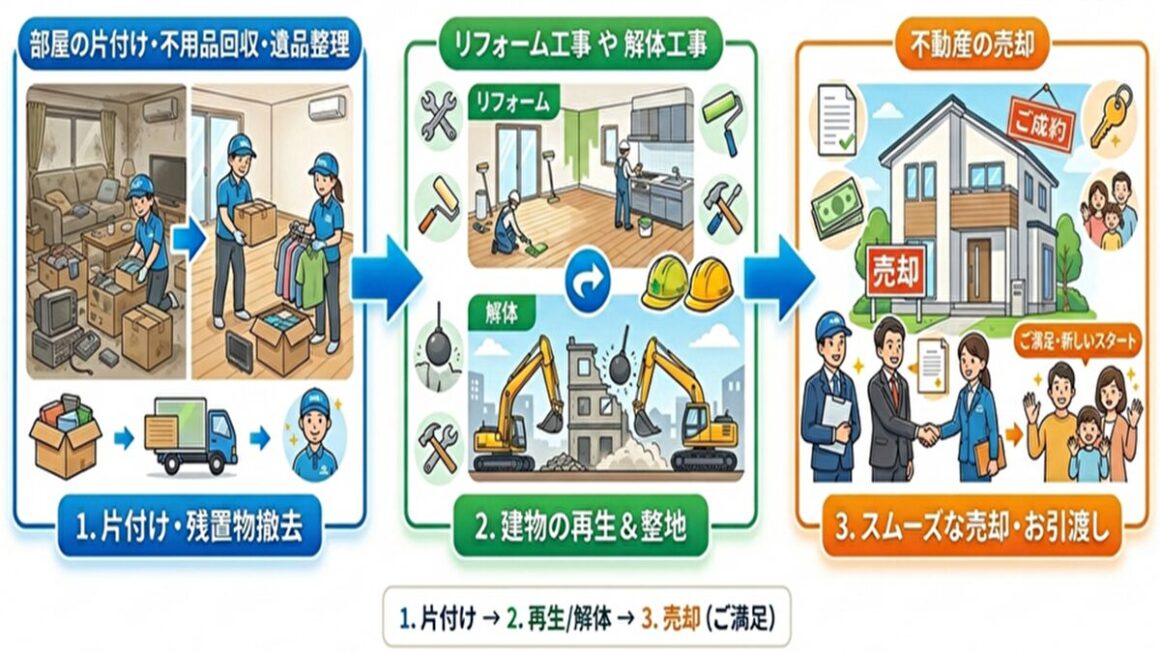 遺品整理・生前整理・実家片付け・空き家整理後などにリフォーム工事・建物解体工事・不動産の売却・のワンストップサービスのイラスト