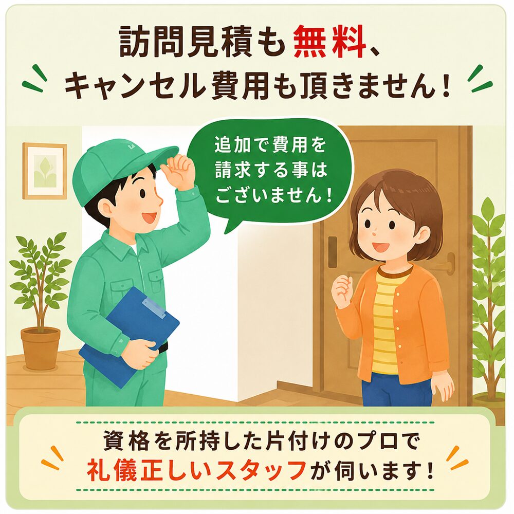 武蔵野市の不用品回収・遺品整理業者の片付け者は訪問見積無料・キャンセル費も掛かりませんのイラスト