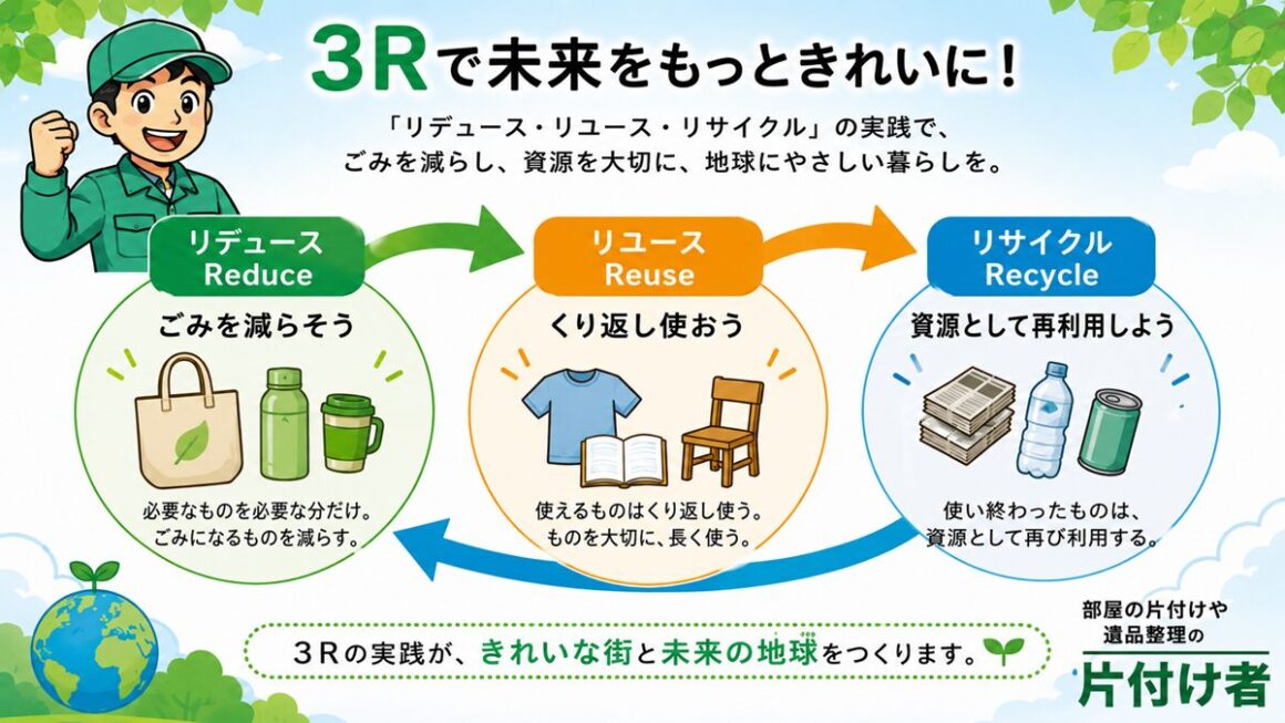 東京の不用品回収・生前整理「終活」・遺品整理・実家の片付け・空き家整理業者で片付け者の３Ｒ-リデュース・リユース・リサイクルのイラスト