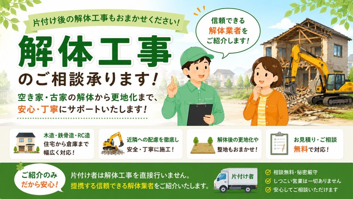 東京都内や武蔵野市周辺で不用品回収・遺品整理・生前整理「終活」・実家の片付け・空き家整理後に解体工事は片付け者に相談下さい！のイラスト