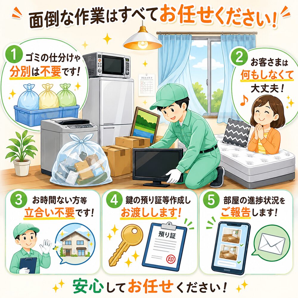 東京都内や武蔵野市の不用品回収・遺品整理業者で片付け者のごみの分別不要・立合い不要のイラスト