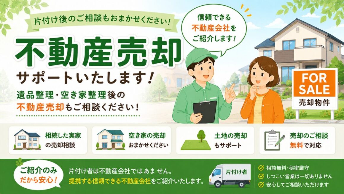東京都内や武蔵野市周辺で不用品回収・遺品整理・生前整理「終活」・実家の片付け・空き家整理後に不動産の売却は片付け者に相談下さい！のイラスト