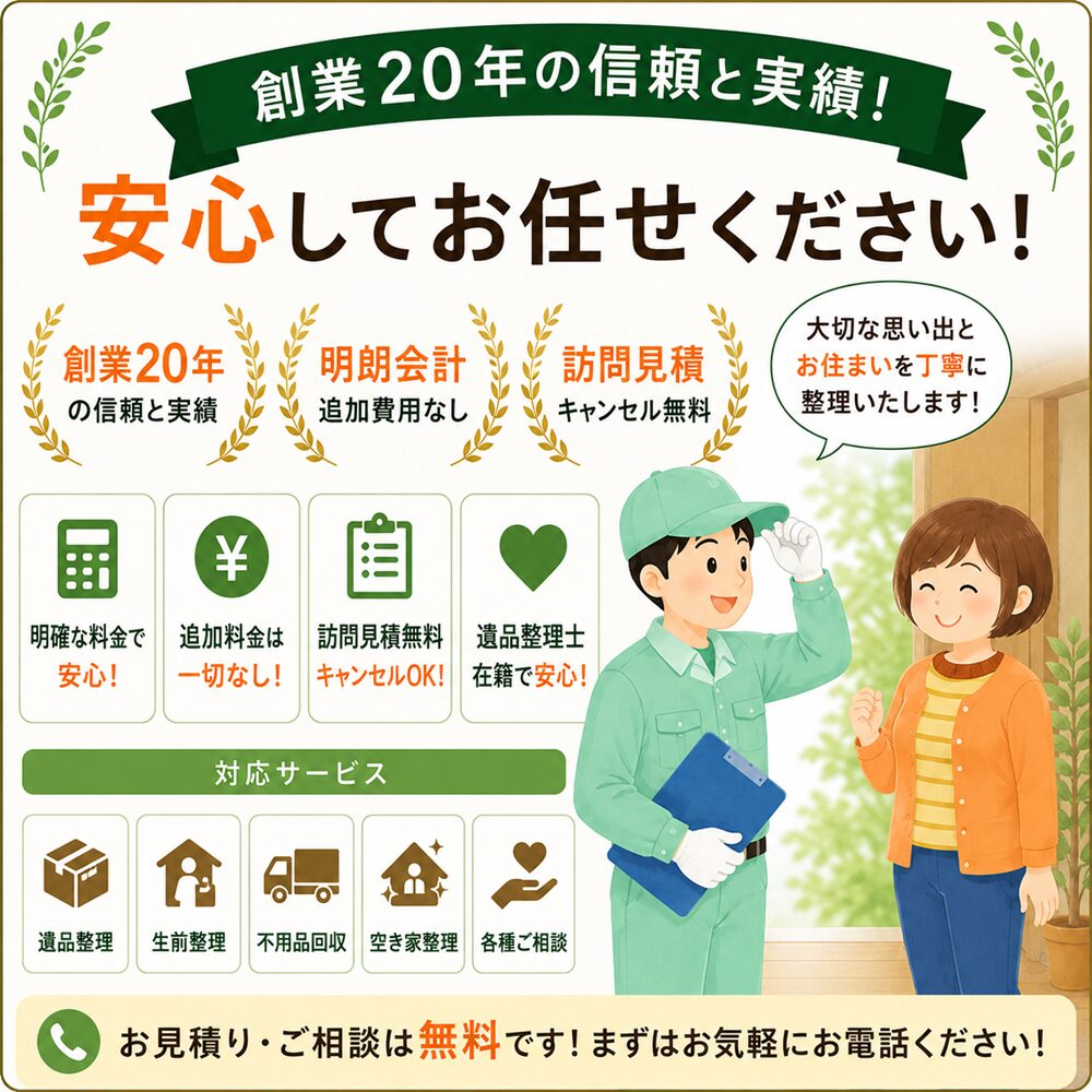 東京都内や武蔵野市周辺で不用品回収・遺品整理業者の片付け者は創業20年の信頼と実績!のイラスト