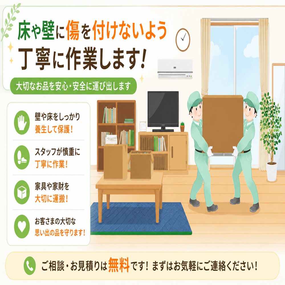 武蔵野市の不用品回収・遺品整理・生前整理「終活」・実家の片付け・空き家整理で荷を丁寧に搬出しているのイラスト