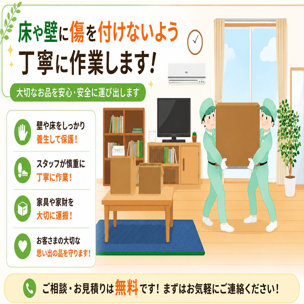 不用品回収・遺品整理・生前整理「終活」・実家の片付け・空き家整理で荷を丁寧に搬出しているのイラスト