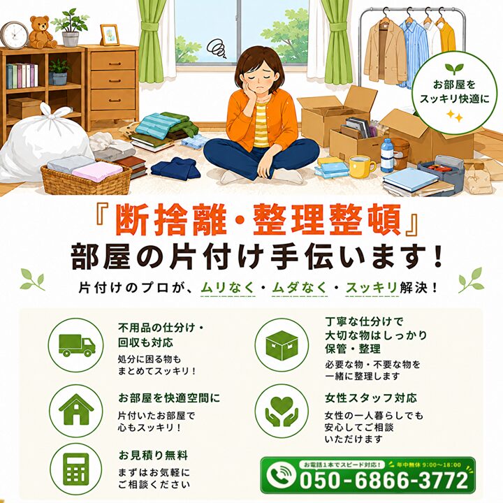 東京都武蔵野市の不用品回収・遺品整理・実家の片付け・空き家整理業者で片付け者の断捨離のヘッダーバナー