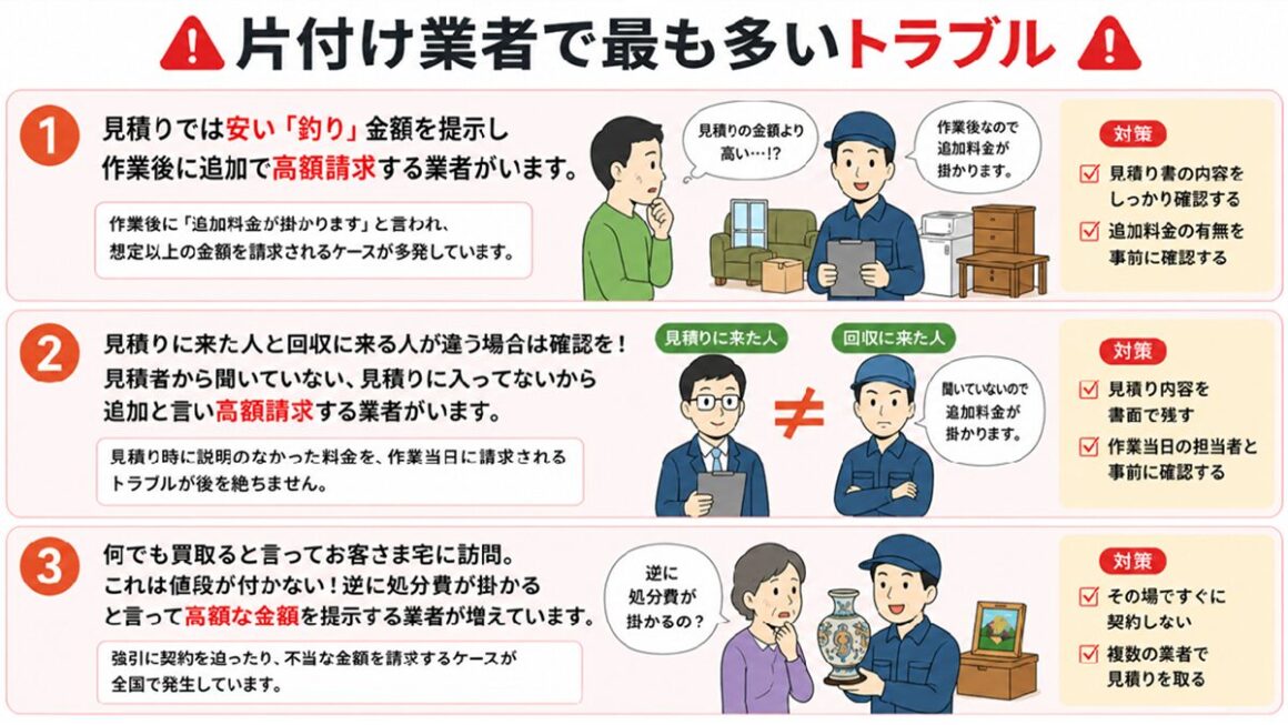 東京都武蔵野市の不用品回収・遺品整理業者で片付け者のイラスト。片付け業者で最も多いトラブル「１.片付け業者とお客様との間で金銭トラブルが多発してます。見積りでは安い『釣り』金額を提示し作業後に追加で高額請求する業者がいます。２.見積に来た人と回収に来る人が違う場合は確認を！見積者から聞いていない、見積に入ってないから追加と言い高額請求する業者がいます。３.何でも買取ると言ってお客様宅に訪問しこれは買取れないし、処分費がかなり掛かる物と言って高額な金額を提示する業者が増えています。」のイラスト