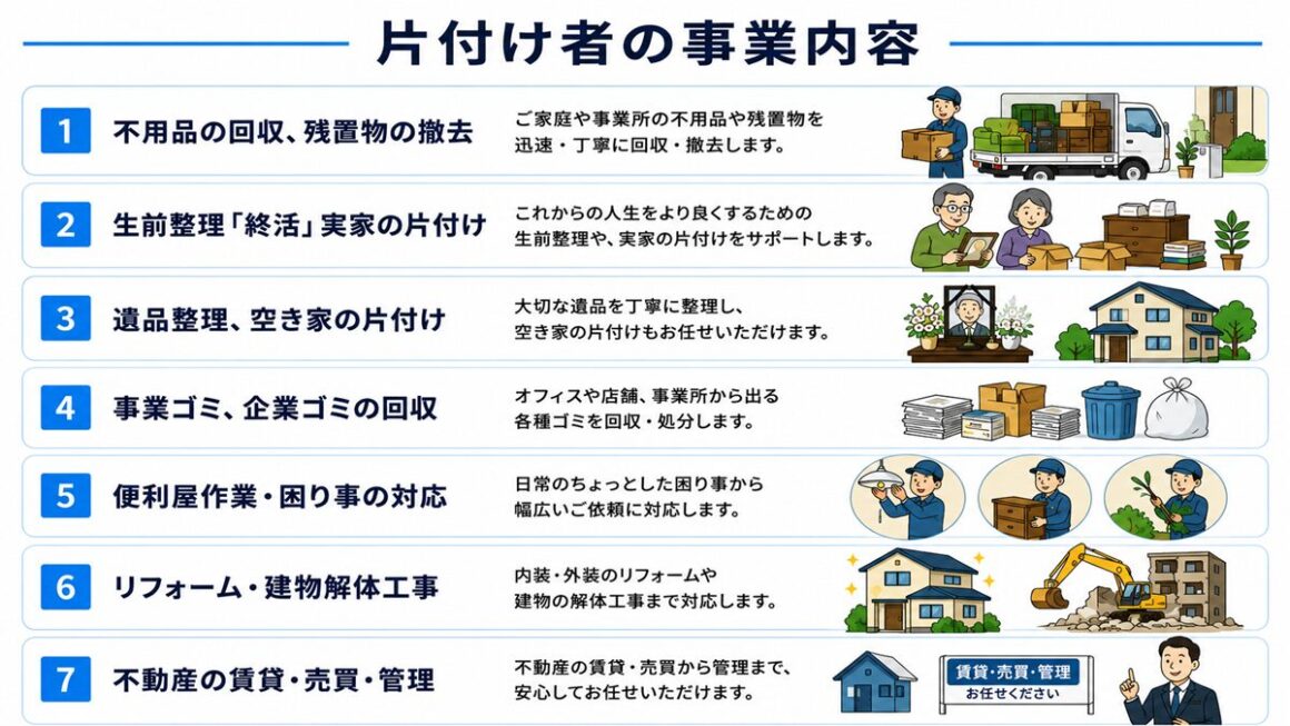 東京都武蔵野市の不用品回収・遺品整理業者で片付け者の事業内容のイラスト