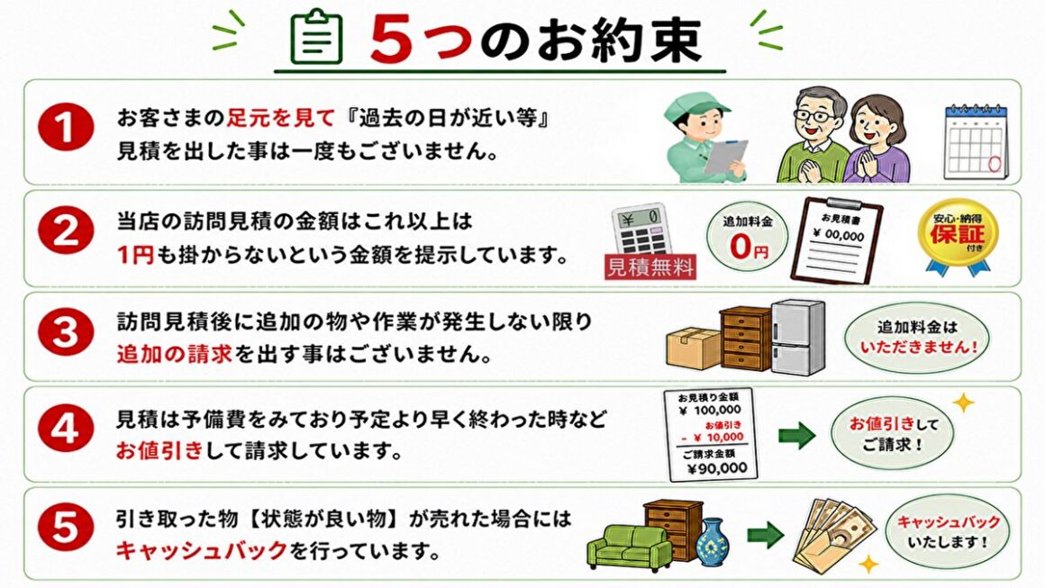 東京都武蔵野市の不用品回収・遺品整理業者で片付け者の5つの約束「1.お客さまの足元を見て『退去の日が近い等』見積を出した事は一度もございません。2.当店の訪問見積の金額はこれ以上1円も掛からないという金額を提示しています。3.訪問見積後に追加の物や作業が発生しない限り追加の請求を出す事はございません。4.見積は予備費をみており予定より早く終わった時などお値引きして請求しています。5.引き取った物【状態が良い物】が売れた場合にはキャッシュバックを行っています。」のイラスト