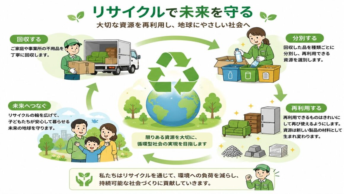 東京都武蔵野市の不用品回収・遺品整理業者で片付け者のリサイクル「リサイクルとは不用品や廃棄物をそのまま捨てず、もう一度資源として利用する事です。資源の消費不用品やゴミの量を減らし環境を守るための取組み。」のイラスト