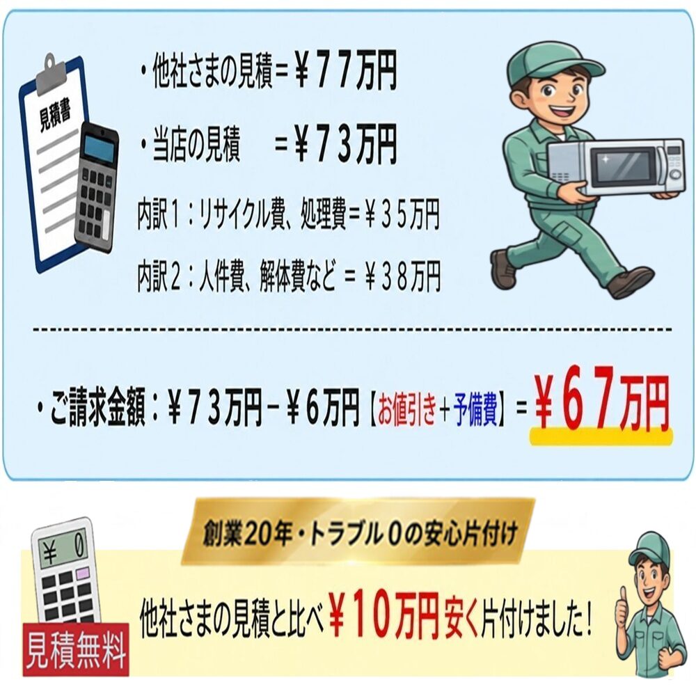 東京都武蔵野市の片付け者のメインページの東京都武蔵野市吉祥寺南町4LDK一軒家全回収【不用品回収・遺品整理・実家の片付け・空き家整理】の料金内訳のイラスト