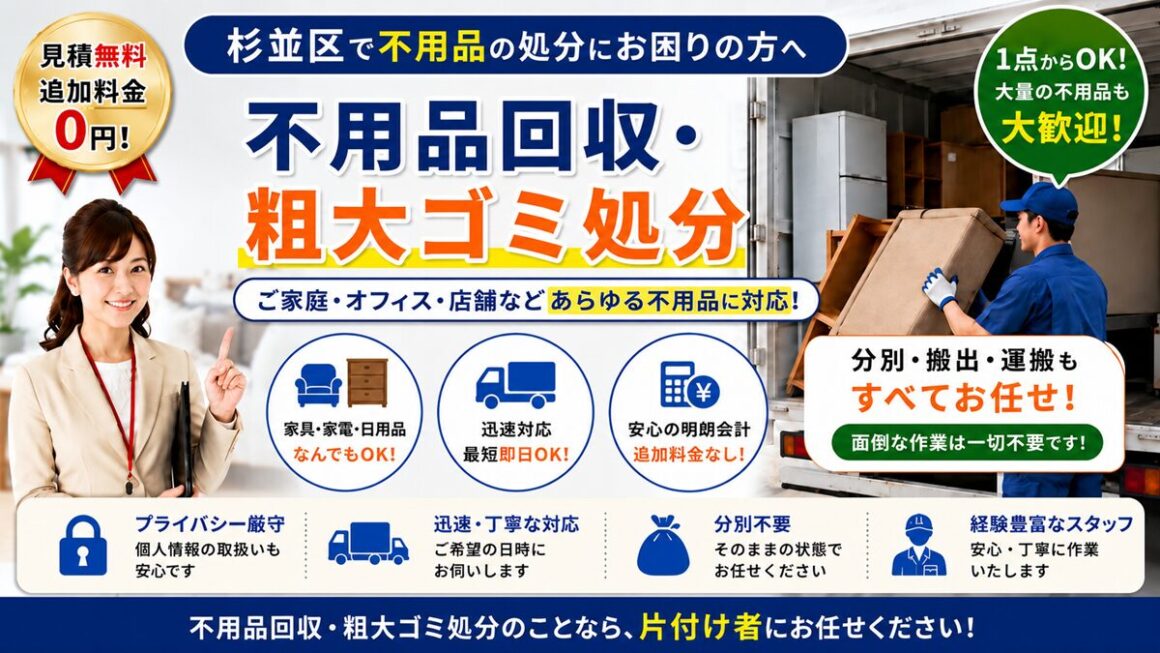 杉並区の不用品回収・粗大ゴミ処分【創業20年】口コミ高評価・相場より安い処分費のヘッダー