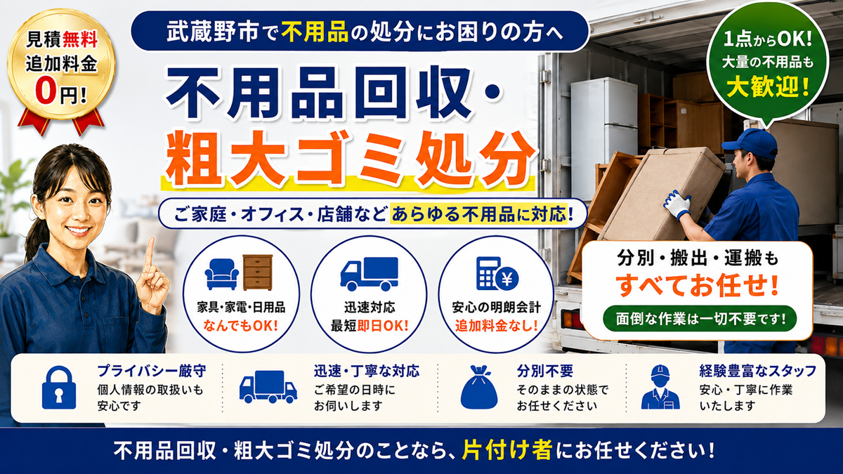 武蔵野市の不用品回収・粗大ゴミ回収【創業20年】安い処分費の片付け業者のヘッダー画像