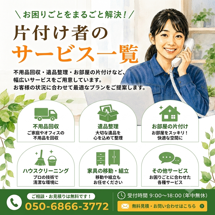 東京の不用品回収・遺品整理・実家のかたづけ・空き家整理業者で片付け者のサービス一覧のサムネ画像