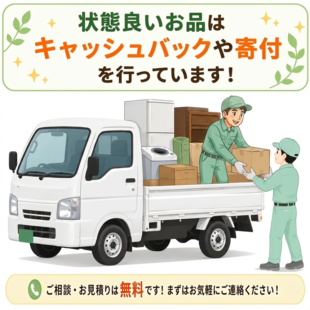 東京で不用品回収・生前整理「終活」・断捨離・遺品整理・実家の片付け・空き家整理業者で片付け者が状態良い品はキャッシュバックや寄付のイラスト
