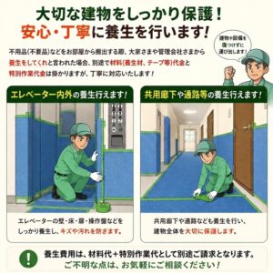 東京で不用品回収・生前整理「終活」・断捨離・遺品整理・実家の片付け・空き家整理業者の片付け者のエレベーターや廊下の養生のイラスト