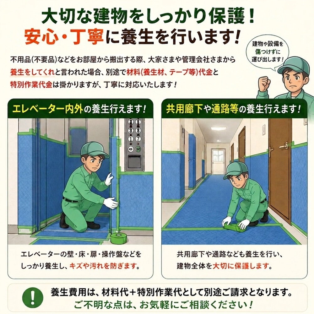 東京で不用品回収・生前整理「終活」・断捨離・遺品整理・実家の片付け・空き家整理業者の片付け者のエレベーターや廊下の養生のイラスト
