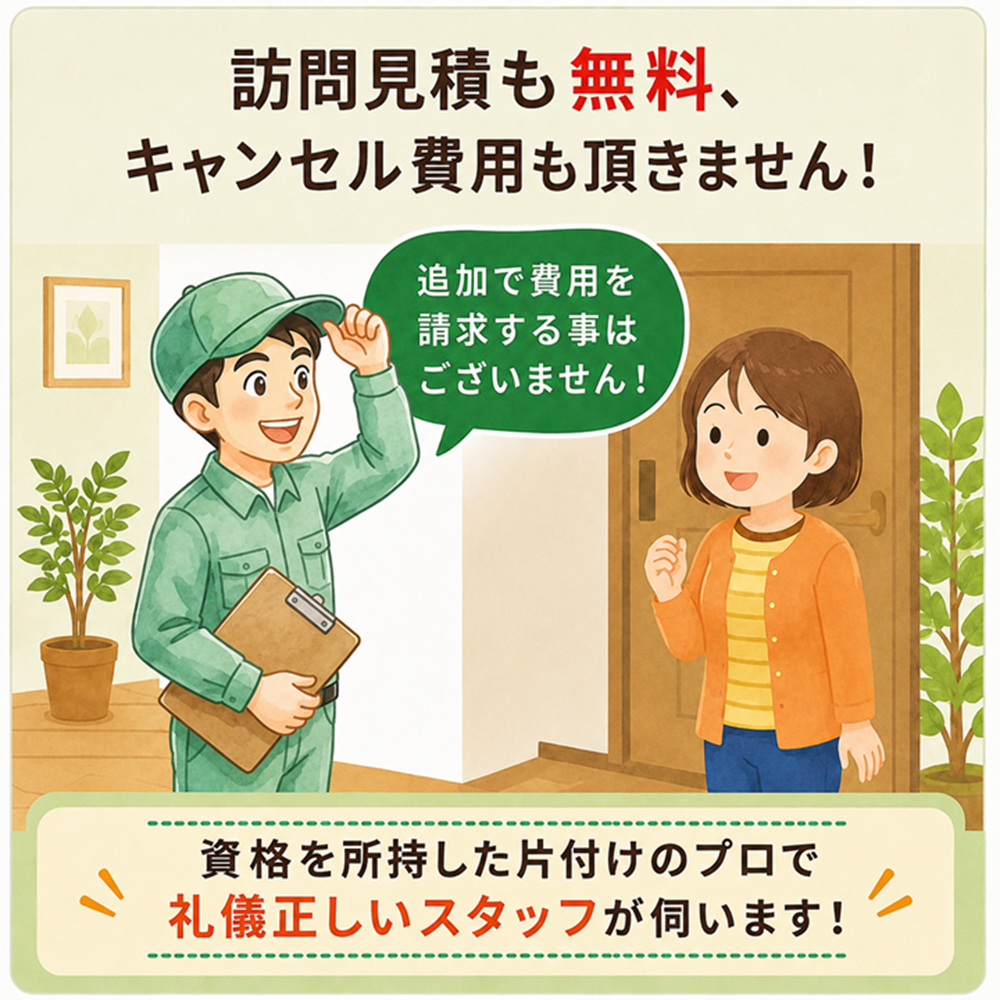 東京都武蔵野市で不用品回収・生前整理「終活」・断捨離・遺品整理・実家の片付け・空き家整理業者で片付け者は訪問見積無料のイラスト