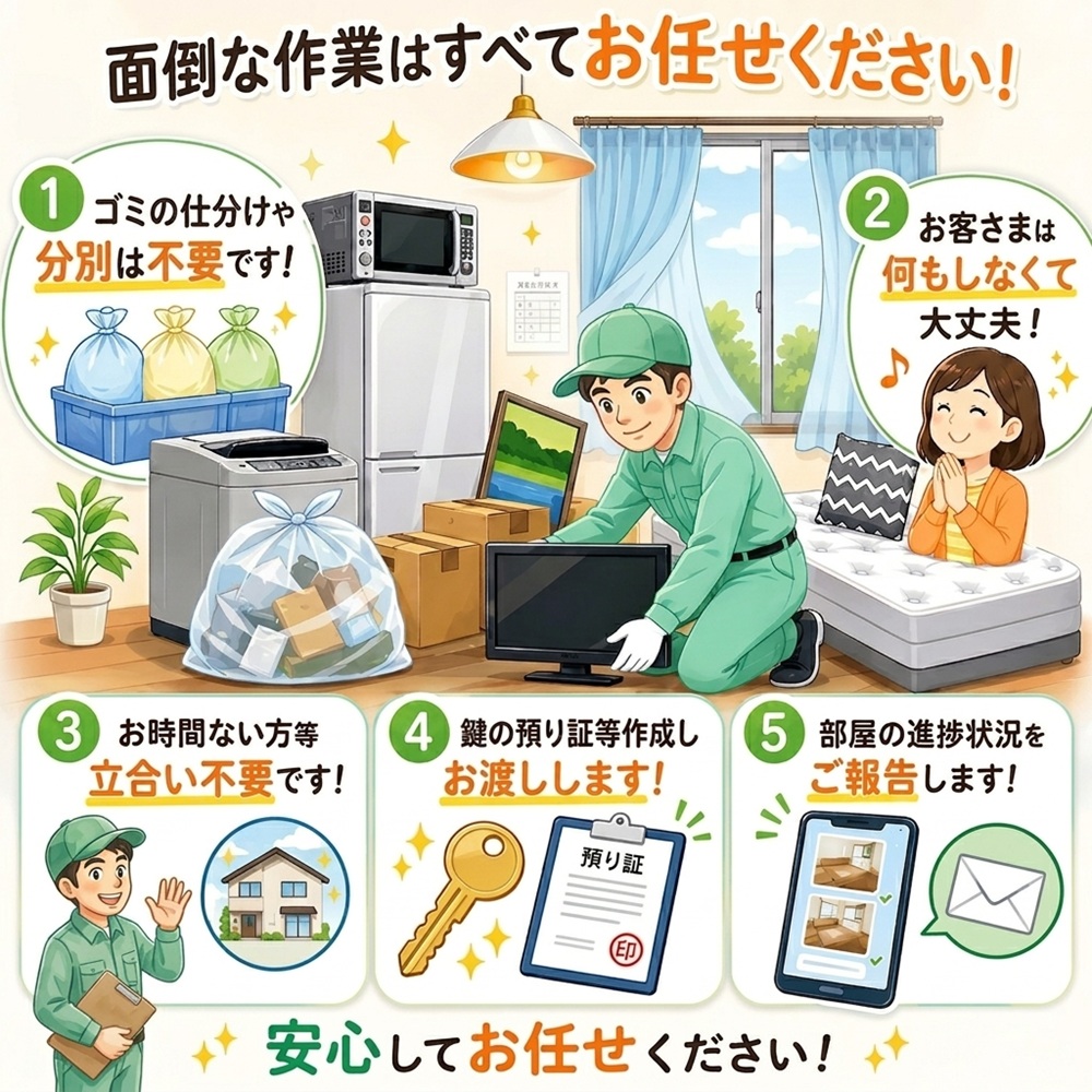 東京で不用品回収・生前整理「終活」・断捨離・遺品整理・実家の片付け・空き家整理業者で片付け者のごみの分別不要・立合い不要のイラスト