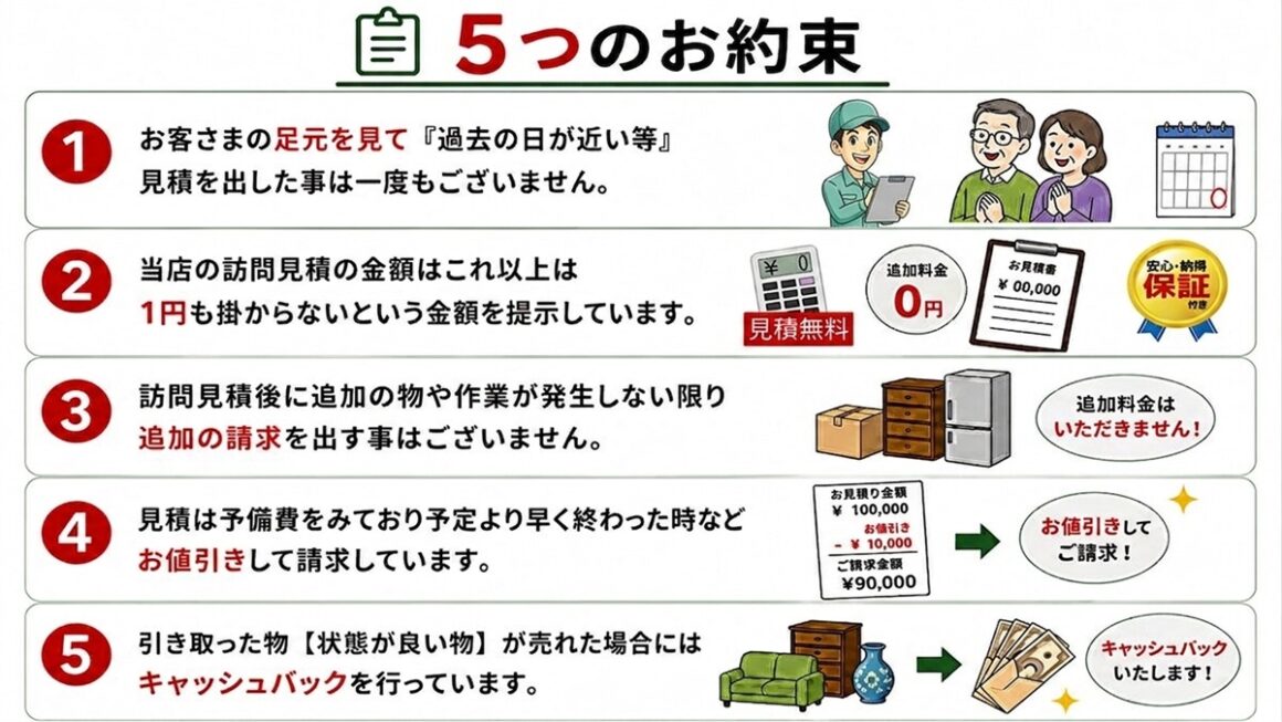 東京の不用品回収・生前整理「終活」・遺品整理・実家の片付け・空き家整理業者で片付け者の５つの約束のイラスト
