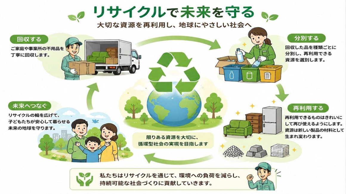 東京の不用品回収・生前整理「終活」・遺品整理・実家の片付け・空き家整理業者で片付け者のリサイクルのイラスト