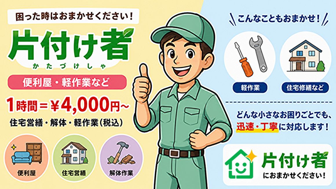 東京の不用品回収・生前整理「終活」・断捨離・遺品整理・実家の片付け・空き家整理業者で片付け者の便利屋・軽作業のイラスト