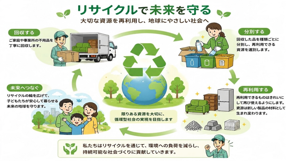 東京の不用品回収・粗大ゴミ処分・生前整理「終活」・断捨離・実家の片付け・遺品整理・空き家整理業者で片付け者のリサイクルのイラスト